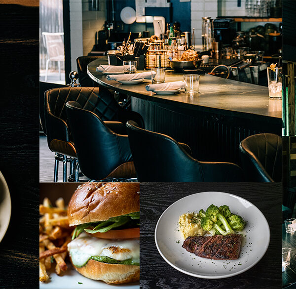 The bar at Sparrow in Kirkland, with a burger and a steak plate from the kitchen